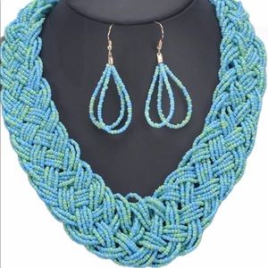 Turquoise Small Seed Bead Necklace and Earrings